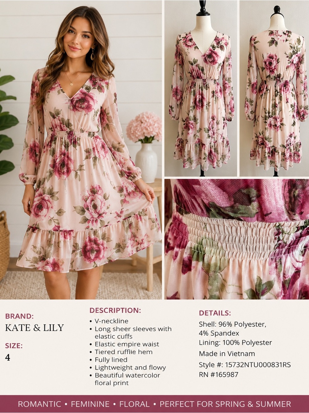 Kate & Lily Pink Floral Sheer Sleeve Lined Midi Dress Size 4